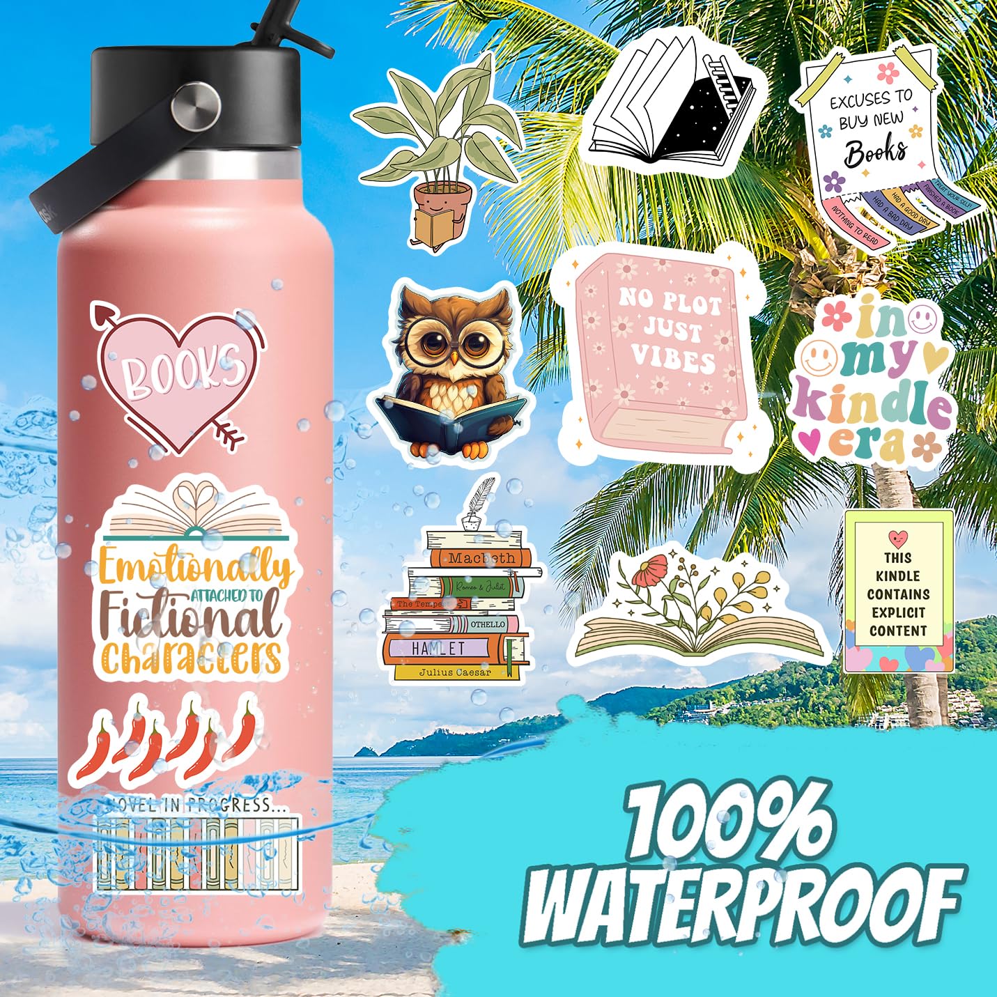 Debinolo 100 PCS Book Stickers - Cute Holographic Vinyl Decals for Kindle, iPad, Laptop, and Water Bottles - Bookish Design for Girls
